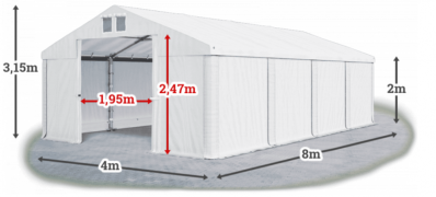 Garážový stan 4x8x2m strecha PVC 560g/m2 boky PVC 500g/m2 konštrukcia ZIMA